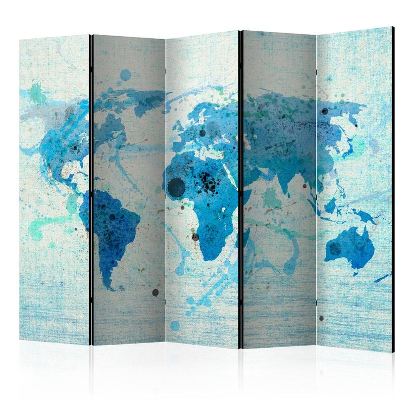 Paravent Séparation de pièce - Carte du monde - Voile , 5 pièces - 225x172 cm