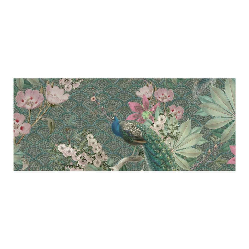 Selvklæbende stænkplade til køkken påfugl i tropisk have på mosaik - Bloomery Decor