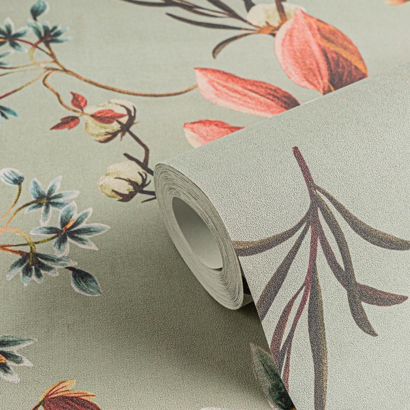 Carta da parati floreale con foglie in terracotta verde - motivo natura con viticci - Carta da parat