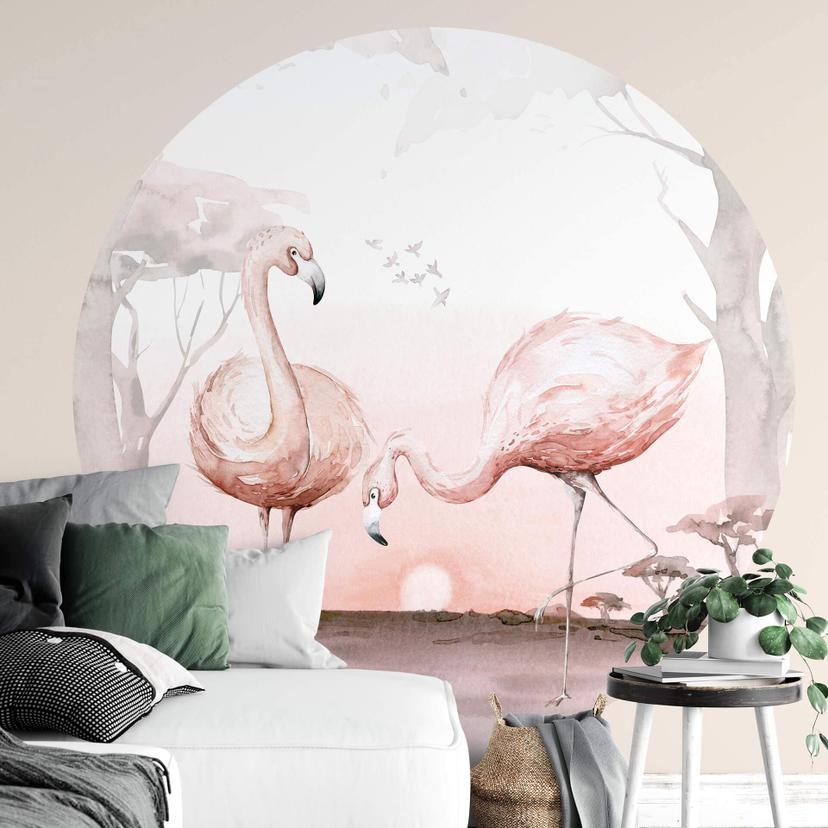 Fototapet - Rundt Kvilis - Flamingoer i solnedgangen - vliesetapet/selvklæbende non-woven tapet
