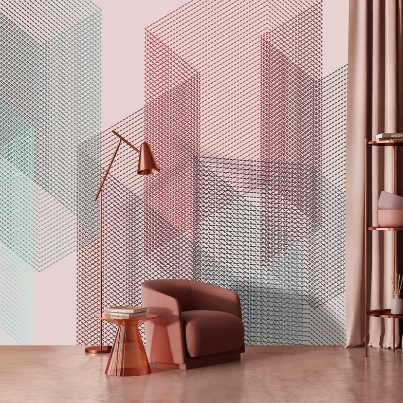 Geometrisk 3D-tapet i pastelrosa og blågrøn - non-woven tapet