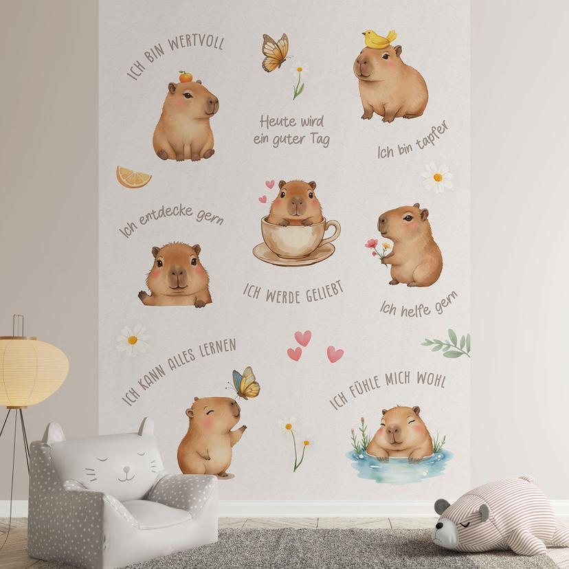 Kinderzimmer-Tapete - Affirmationen mit entspanntem Capybara