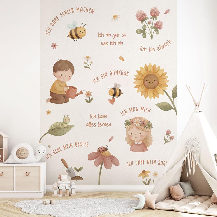 Fototapete mit Affirmationssprüchen zwischen Blumen für das Kinderzimmer
