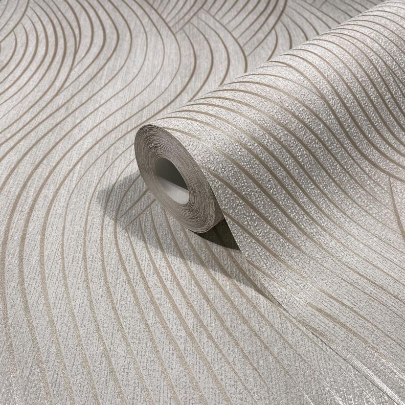 Vliesbehang in beige, grijs wave look textuur grafisch modern