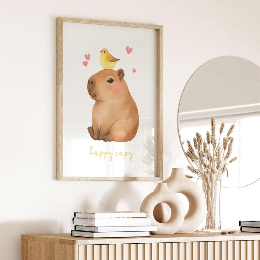 Poster per bambini - Capibara con uccello - Happy Capy