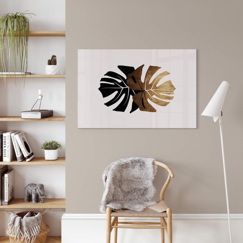 Tableau sur verre acrylique Kubistika - Monstera noir et or