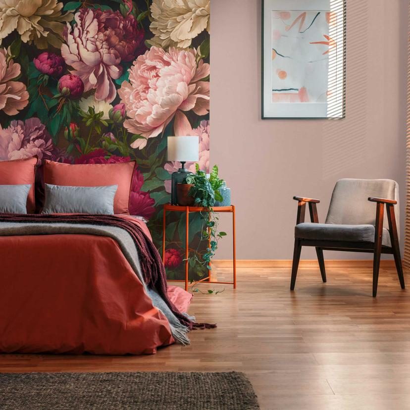 Mørkerødt, pink blomstertapet - nonwoven tapet til soveværelset - romantisk design