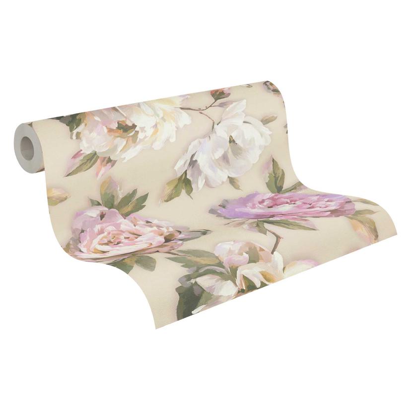 Papel pintado floral con peonias beige rosa - Papel pintado floral romantico - Papel pintado no teji