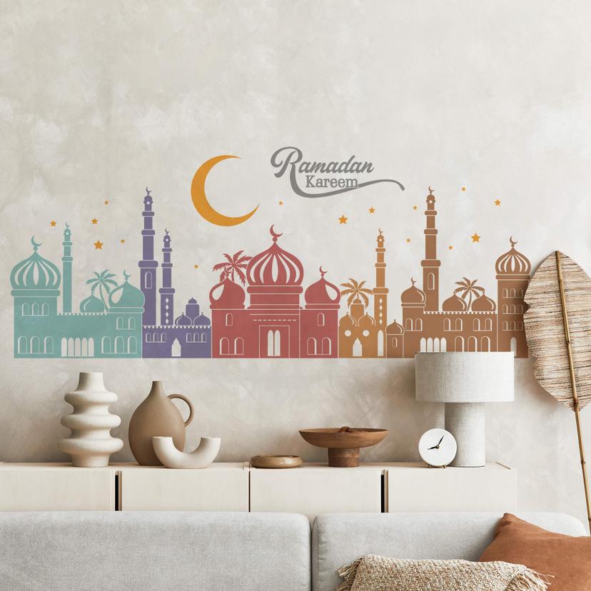 Wandtattoo Arabische Nacht Skyline mit Ramadan Schriftzug bunt