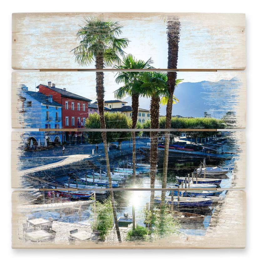 Cuadro de madera puerto en el Lago Mayor - 40x41,5 cm