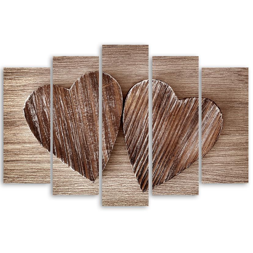 Stampa su tela 5 pezzi cuore legno marrone retrò