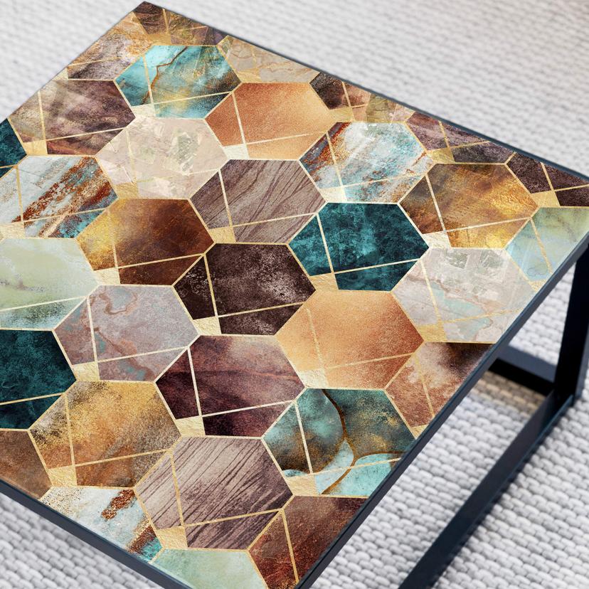 Plateau de table en verre - Hexagones dorés et cuivrés - Carré