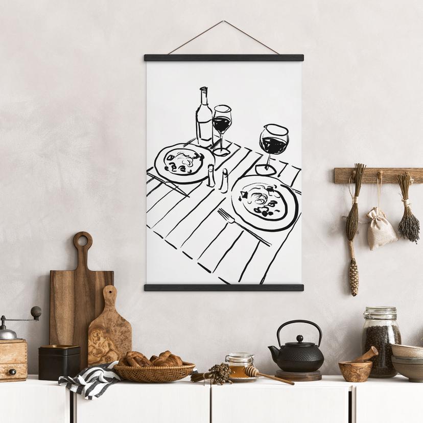 Textielposter Line Art - Stilleven diner met wijn - Treechild