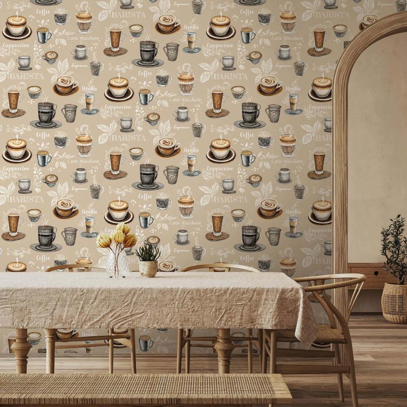 Ikke-vævet tapet kaffemotiv grafisk moderne mat i beige