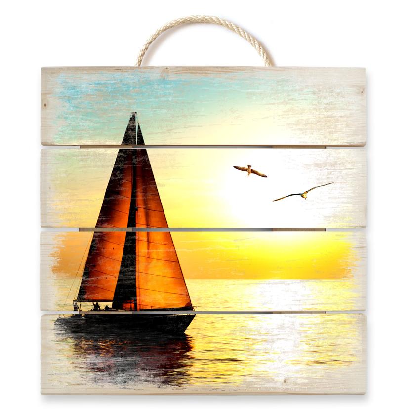Trätavla segelbåt i solnedgången - 40x41,5 cm