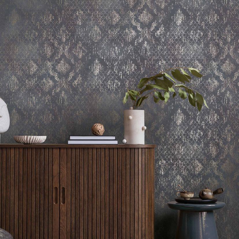 Ornamentalt tapet blå sølv - Ikke-vævet tapet med glans og vintage ornamenter