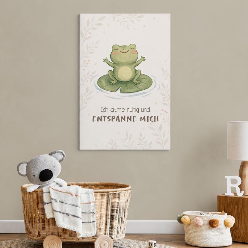Leinwandbild mit Frosch - Affirmation 'Ich atme ruhig' für das Kinderzimmer