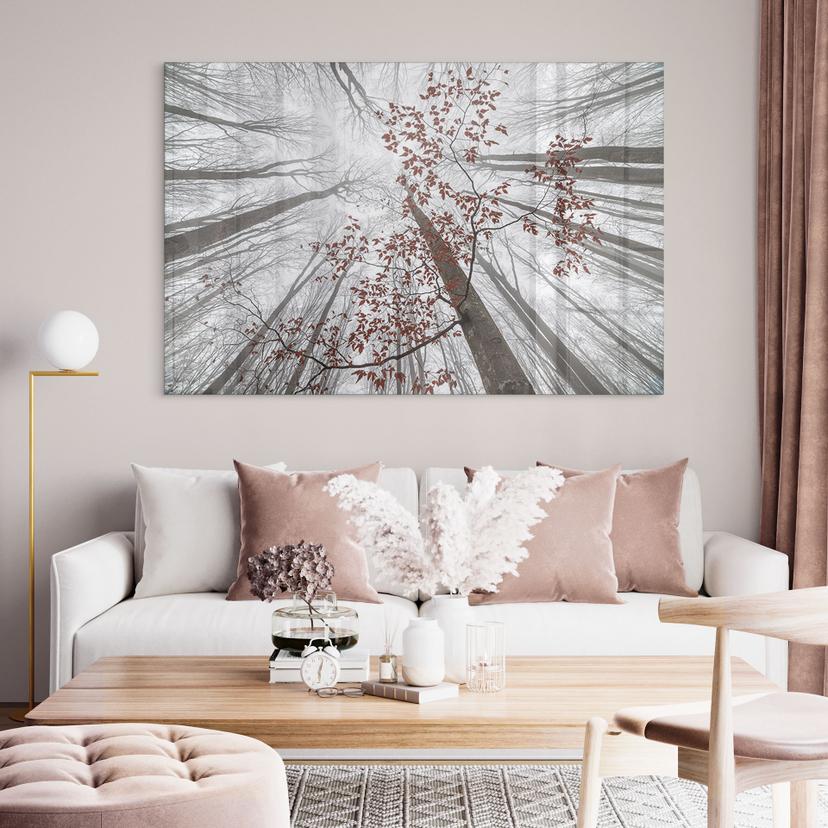 Tableau sur verre acrylique Cimes d'arbres aux feuilles rouges - Coman