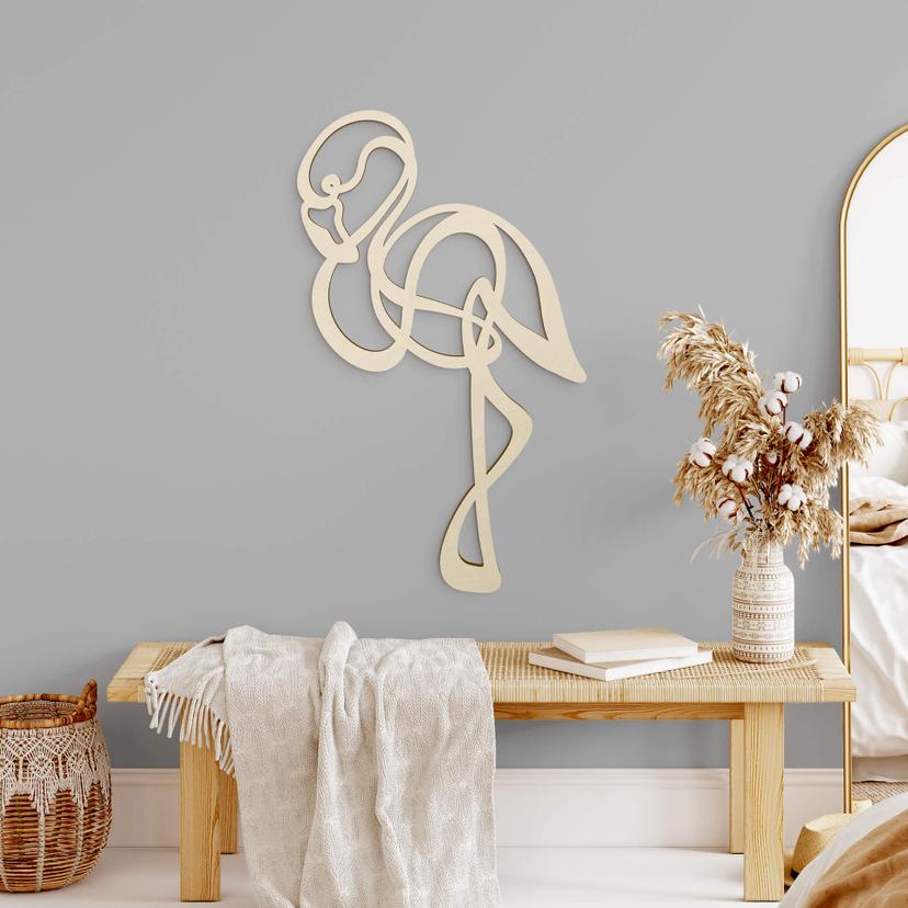 Décoration murale en bois placage de peuplier - Line Art - Flamant rose