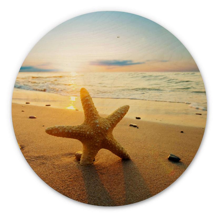 Cuadro de madera estrella de mar en la arena - redondo