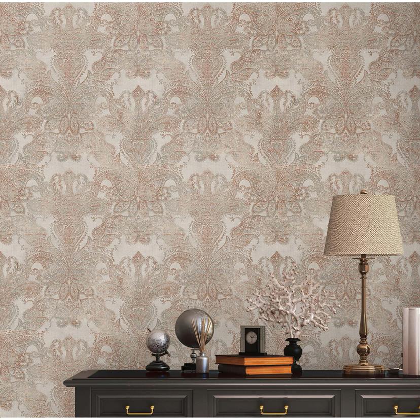 Vintage barock tapet beige, grå, rödbrun - non-woven tapet med ornament