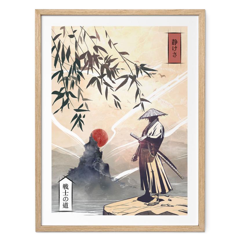 Plakat Samurai med sværd foran solopgang - Roze