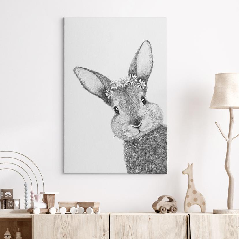 Canvas schilderij Schattig konijntje met kamillebloemen - Korenkova