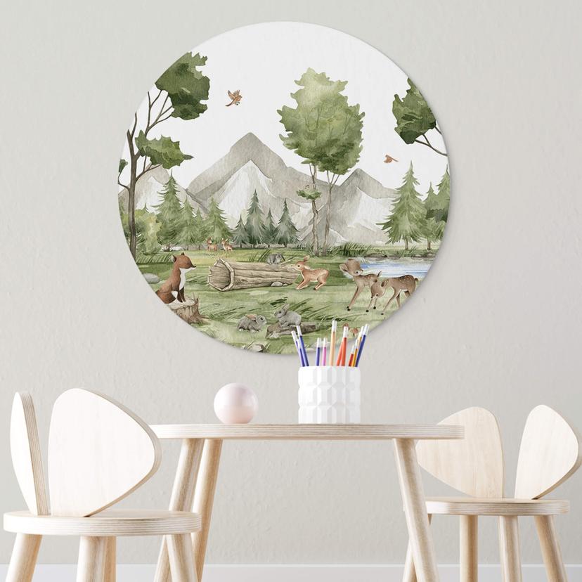 Rundes Wandbild Oliver Robins - Niedliche Tiere im Wald - Alu-Dibond