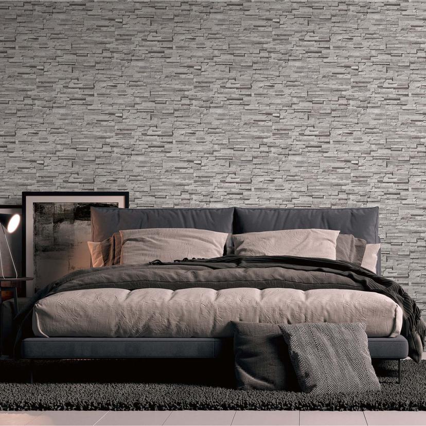 Papel pintado efecto piedra gris moderno 3D no tejido - papel pintado diseño piedra para cocina, salón