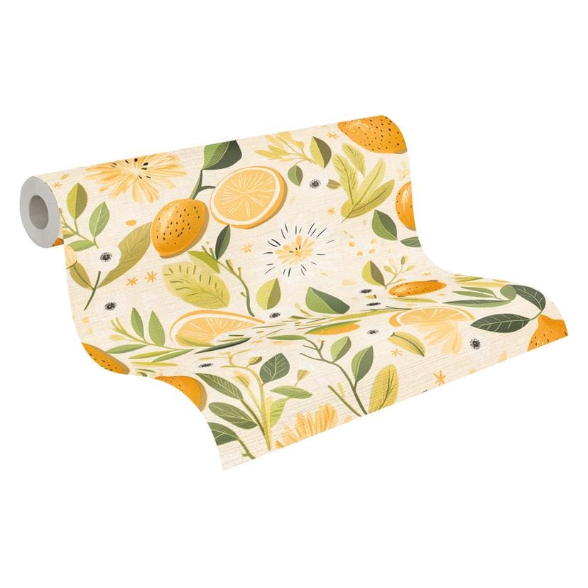 Papel pintado limon beige amarillo verde - Papel pintado no tejido con motivos frutales mediterraneo