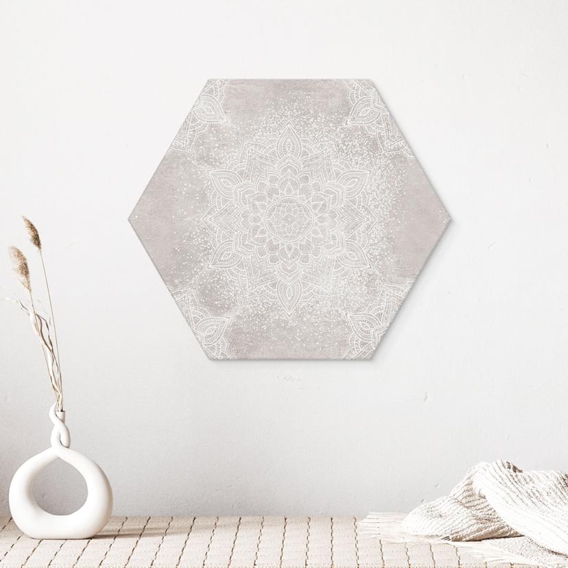 Stampe per pareti esagonali Mandala morbido su grigio-beige - Bloomery Decor - Alu-Dibond