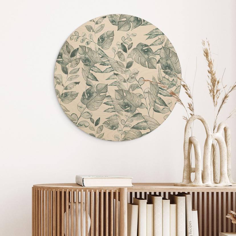 Stampa su legno foglie di giungla acquerello crema - Bloomery Decor - Rotondo