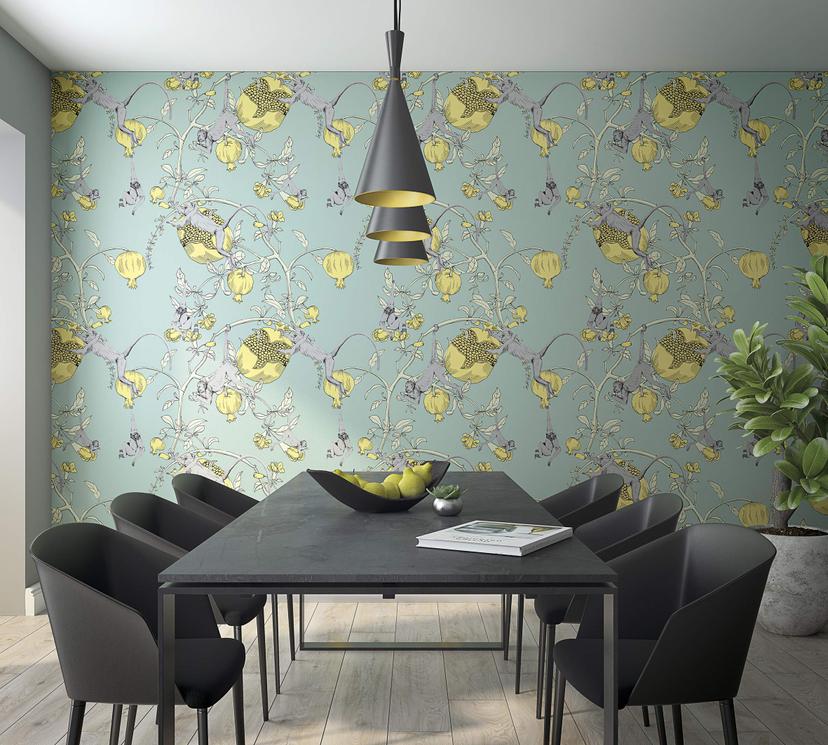 Fototapet med aber og planter, gul illustration 2,70 x 1,06 m