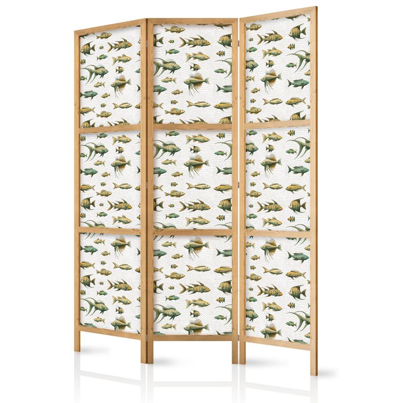 Japanischer Paravent, Raumteiler freistehend, Trennwand - Fish in Beige Tones Presented in Vintage S