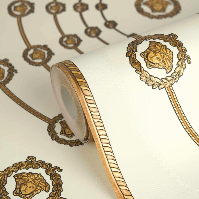 Versace Papel pintado no tejido I Love Baroque Medusa Circles White Gold de lujo