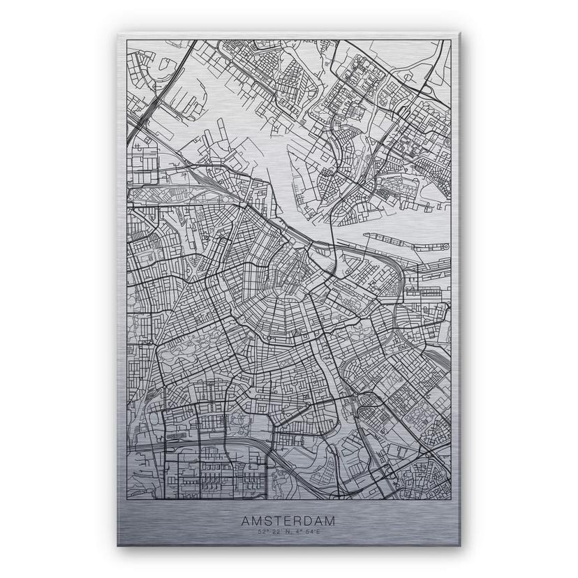 Alu-Dibond Zilver effect - Plattegrond Amsterdam