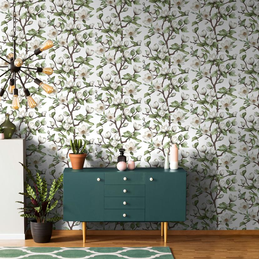 Ikke-vævet tapet grene, blomster blomster natur hvid grøn