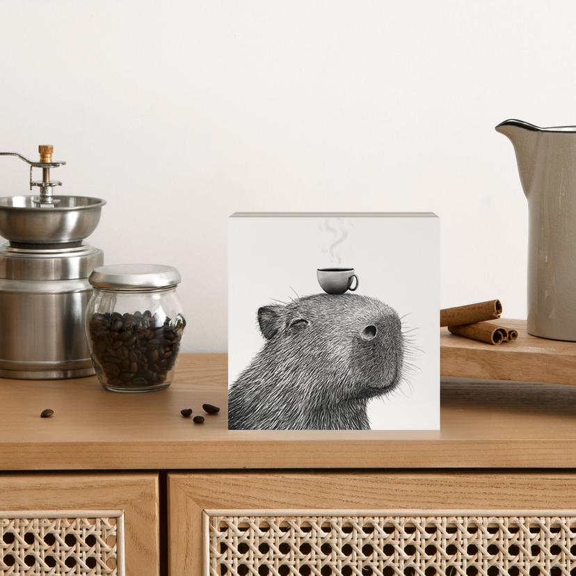 Houten Wanddecoratie om neer te zetten - Capybara Morgen Koffie - Korenkova - 15x15 cm