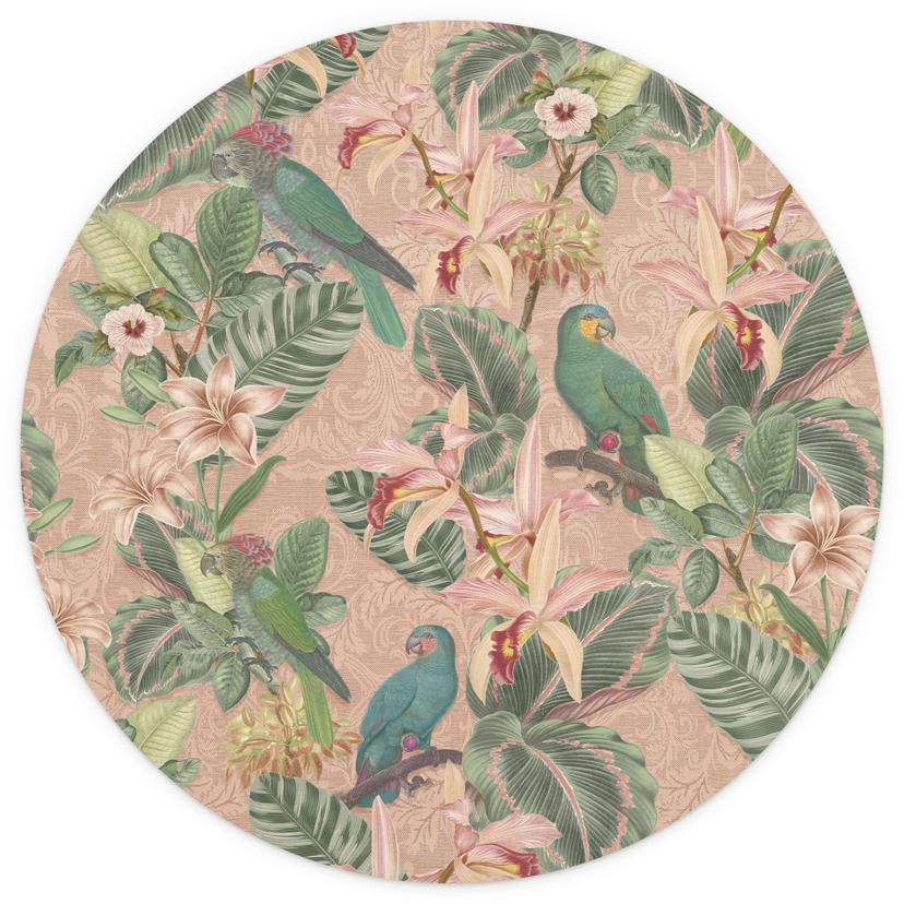 Djungel med papegojor Rosa Fototapet - Bloomery Decor - Rund - Självhäftande / ovävd
