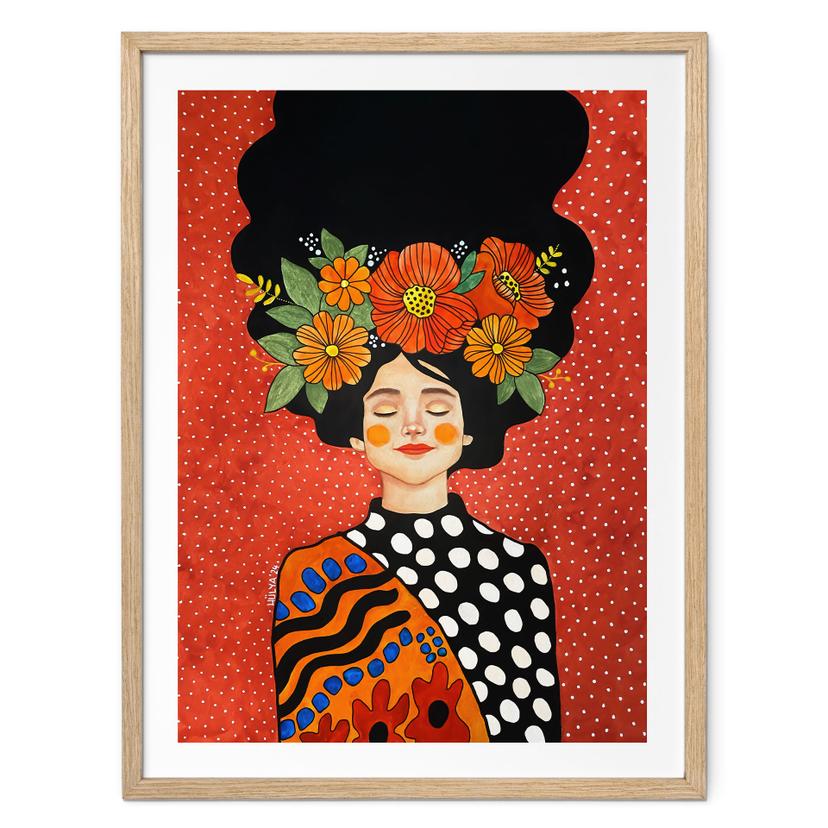 Póster Mujer sonriente con flores naranjas - Hülya