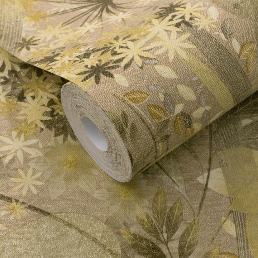 Carta da parati in tessuto non tessuto, carta da parati con motivo a foglie Secret Garden beige