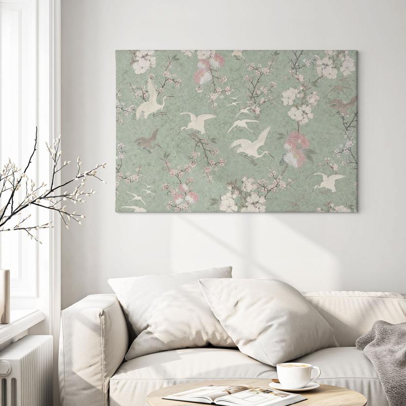 Canvas schilderij Kraanvogels in Kersenbloesem Rush Green - Bloomery Decor