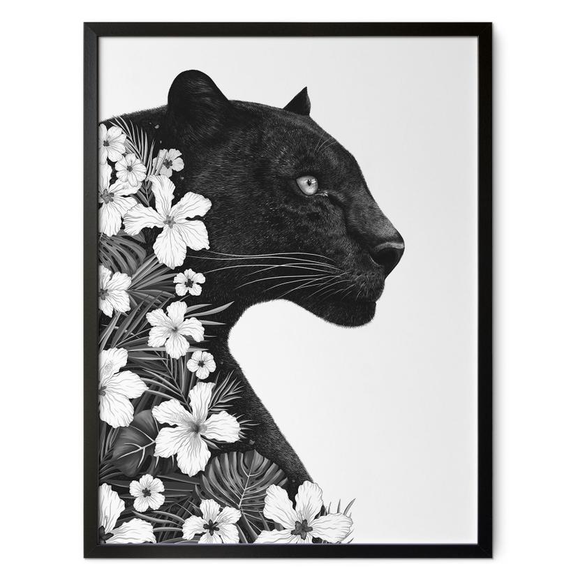 Plakat Sort panter med hvide blomster - Korenkova