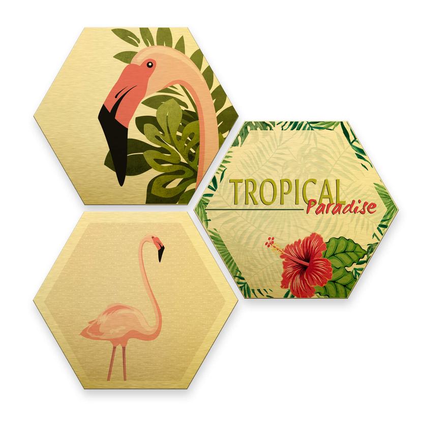 Hexagone - Alu-Dibond-Effet doré - Flamant rose 03 (Set de 3)