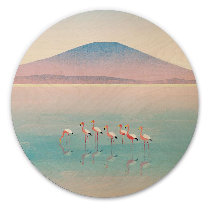 Houten Wanddecoratie Pastelkleurig meer met flamingo's - Rivers - Rond