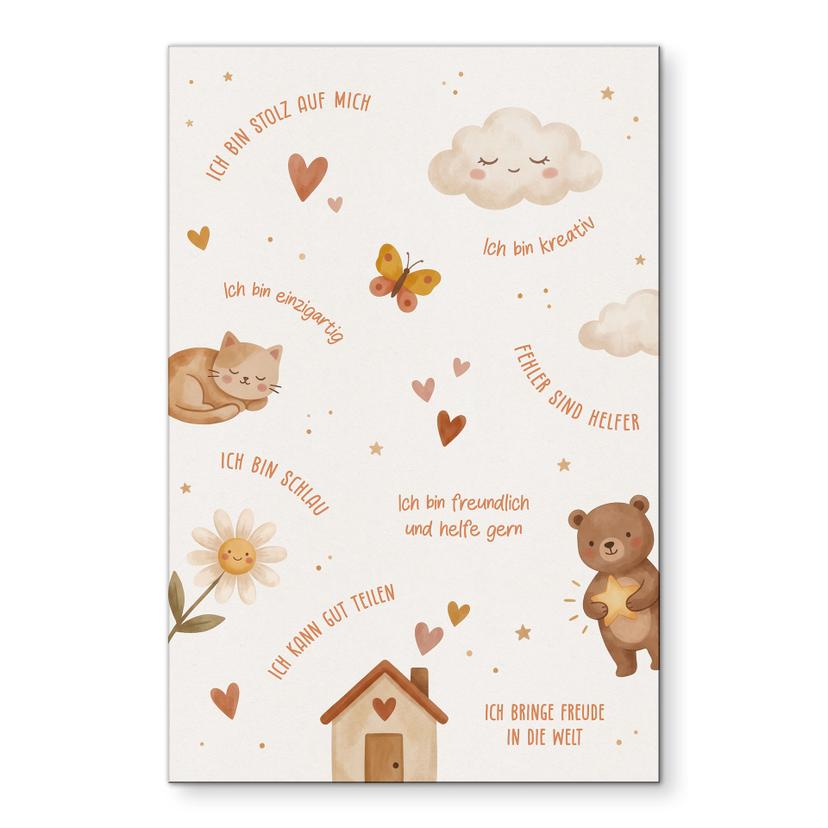 Alu-Dibond Wandbild - Affirmationen Happy mit Katze und Bär fürs Kinderzimmer