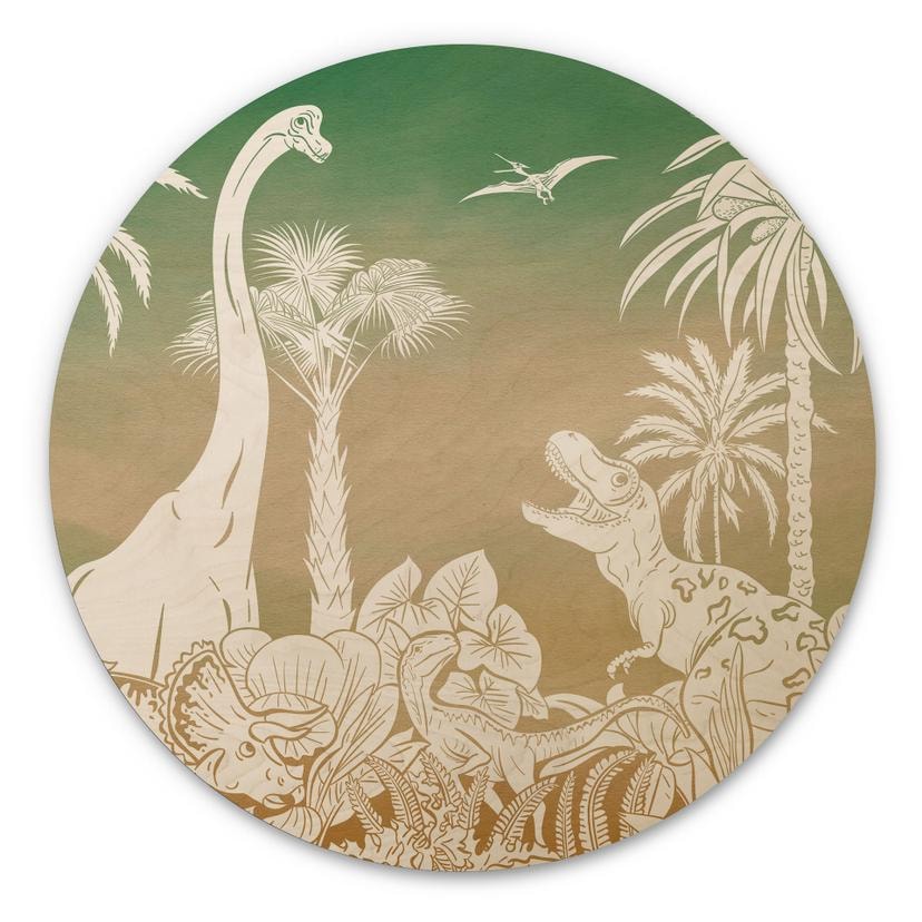 Tableau sur bois Voyage d'aventure chez les dinosaures - Ombre - Kikki Belle - Rond