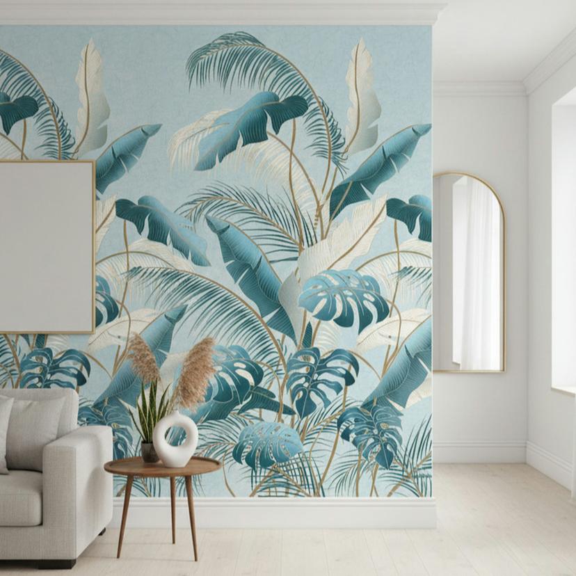 Papel pintado no tejido flores, hojas naturaleza floral, jungla mate en azul 2,70 x 1,59 m