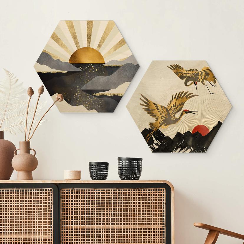 Hexagon Holzbild SpaceFrog Designs - Goldene Kraniche