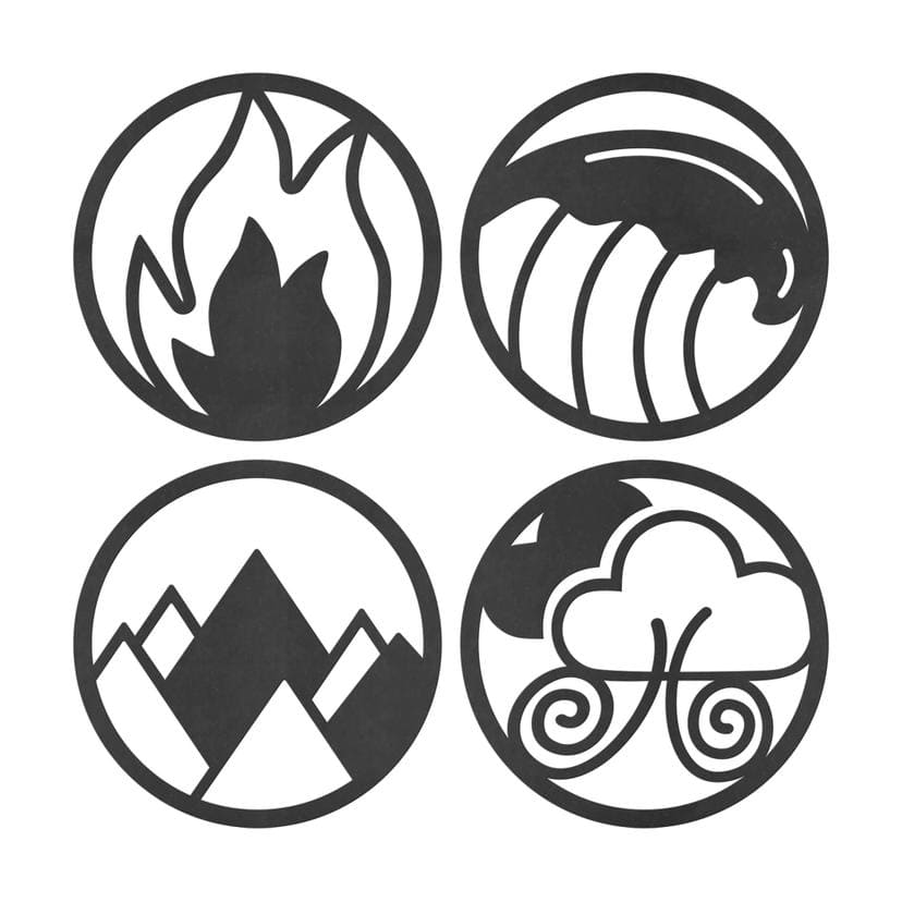 MDF-Holzdeko Vier Elemente - Feuer Wasser Erde Luft - Rund (4-teilig)
